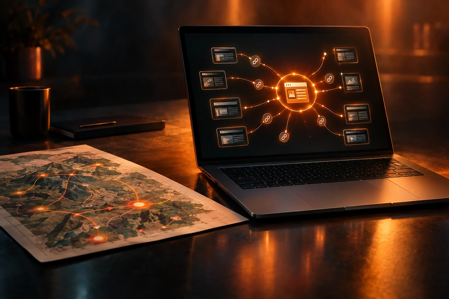 Laptop displaying a backlink campaign network beside a printed campaign map