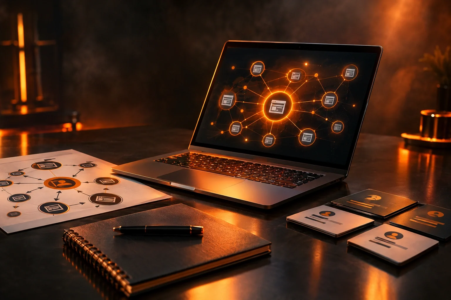 Laptop displaying a network diagram beside a printed backlink campaign plan